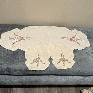 Lot of 3 Vintage Handmade Embroidered Linen Blend Table Runner and Doily